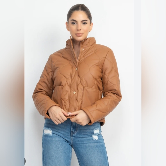 TAUPE QUILTED FAUX LEATHER JACKET SIZE MEDIUM NWT - Picture 1 of 9